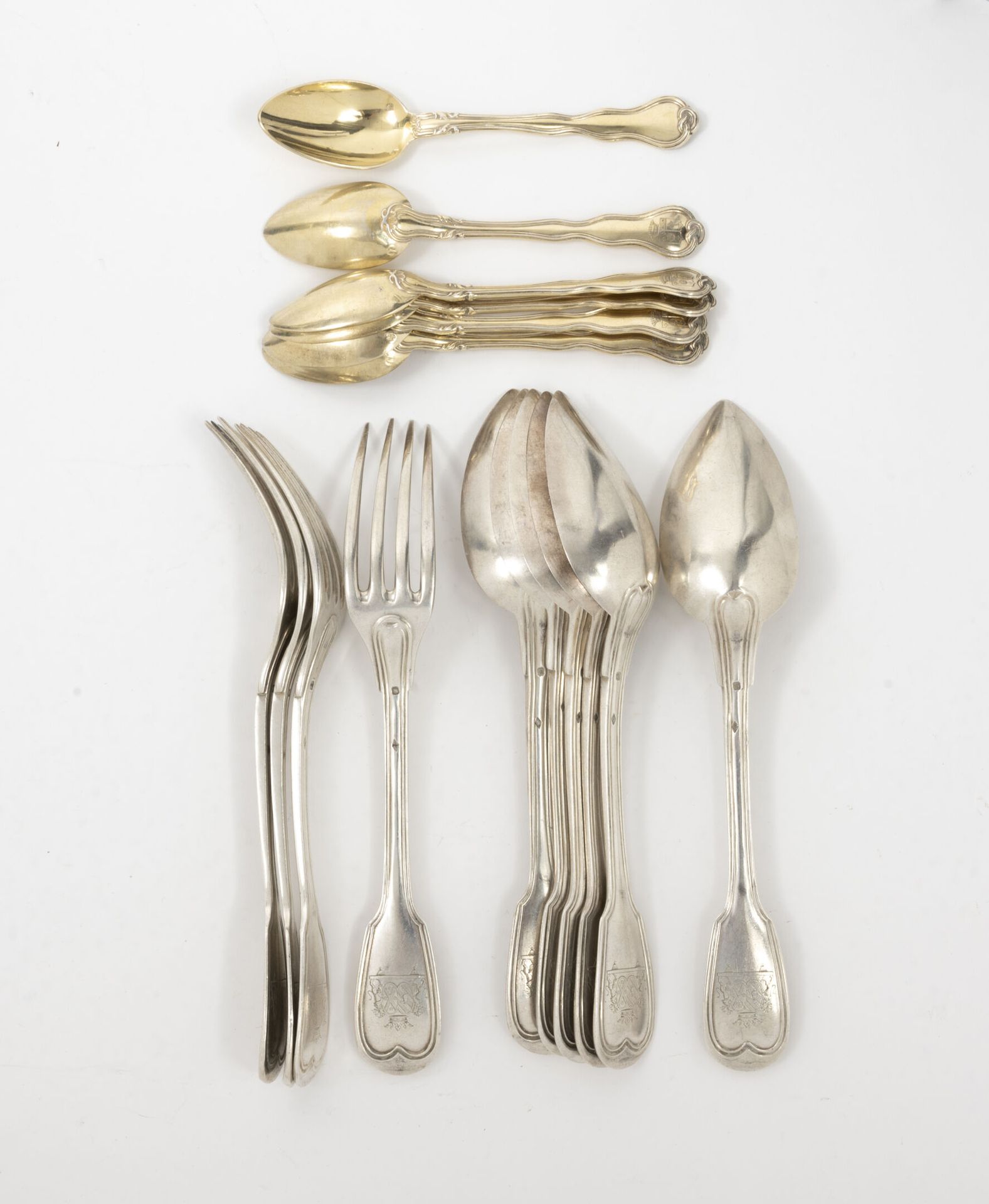 Null Three silver (950) table spoons and cutlery, with spatulas engraved with co&hellip;