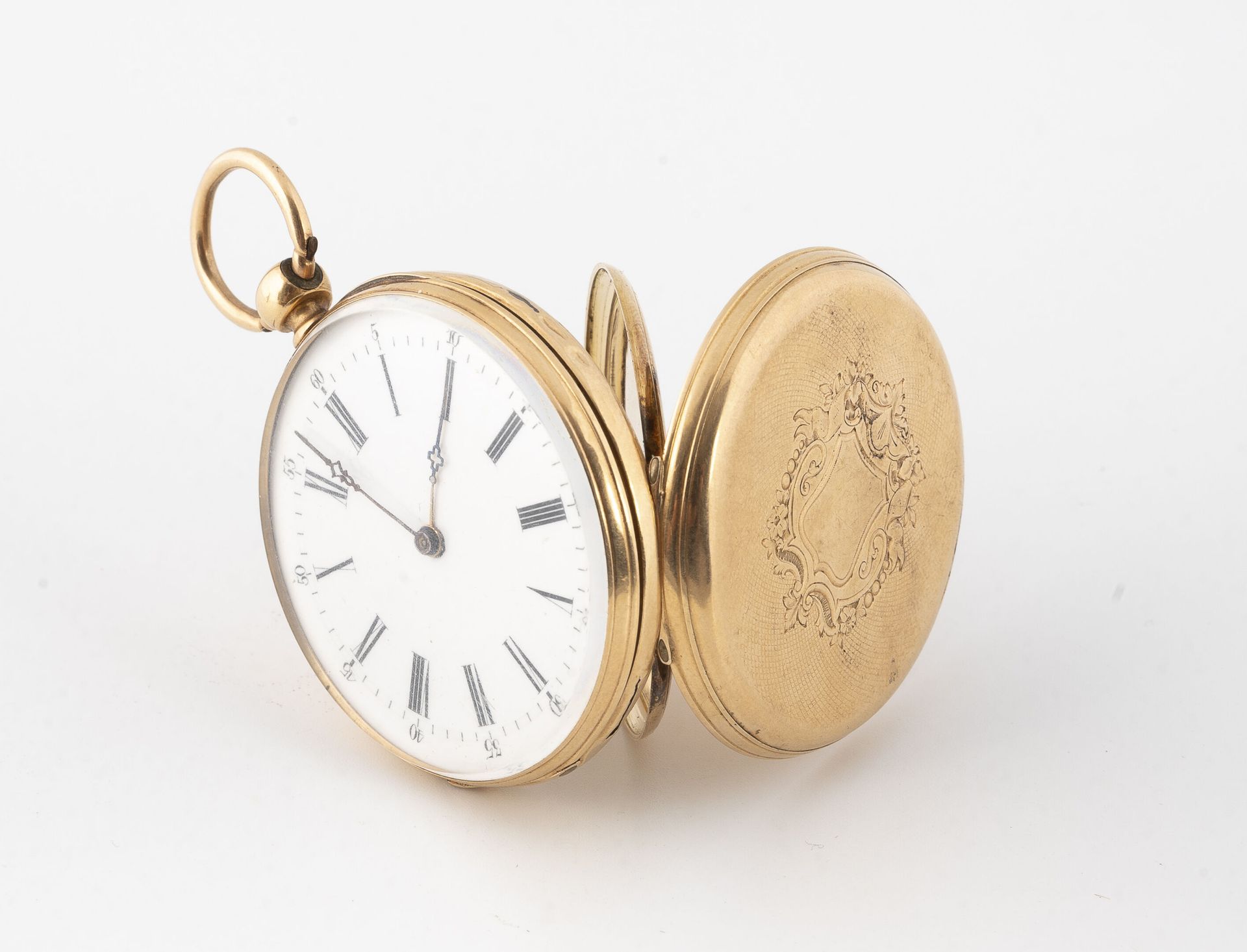 Null Pocket watch in yellow gold (750).

Round white enamelled dial with black p&hellip;