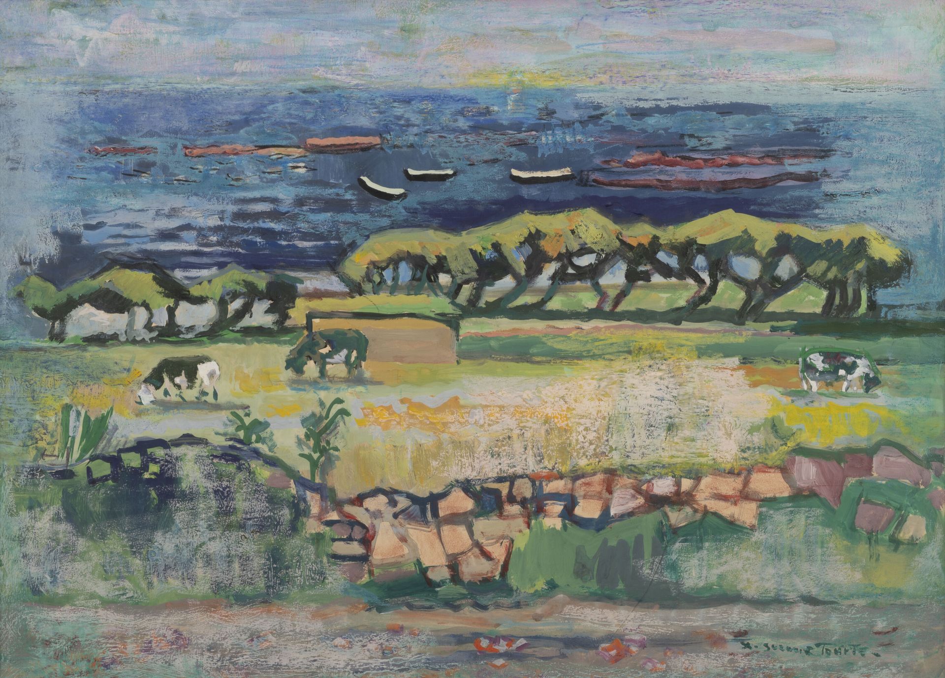 Suzanne TOURTE (1904-1979) 景观。

水粉画在纸上。

右下方有签名。

45 x 62.5厘米(正在观看)。