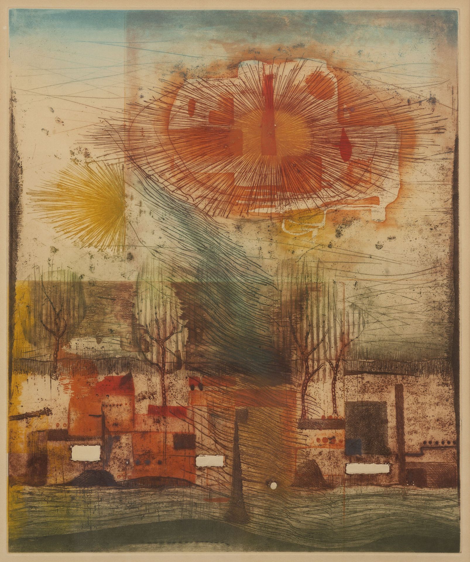 René CARCAN (1925-1993) Paysage au soleil levant.

Eau forte en couleur sur papi&hellip;