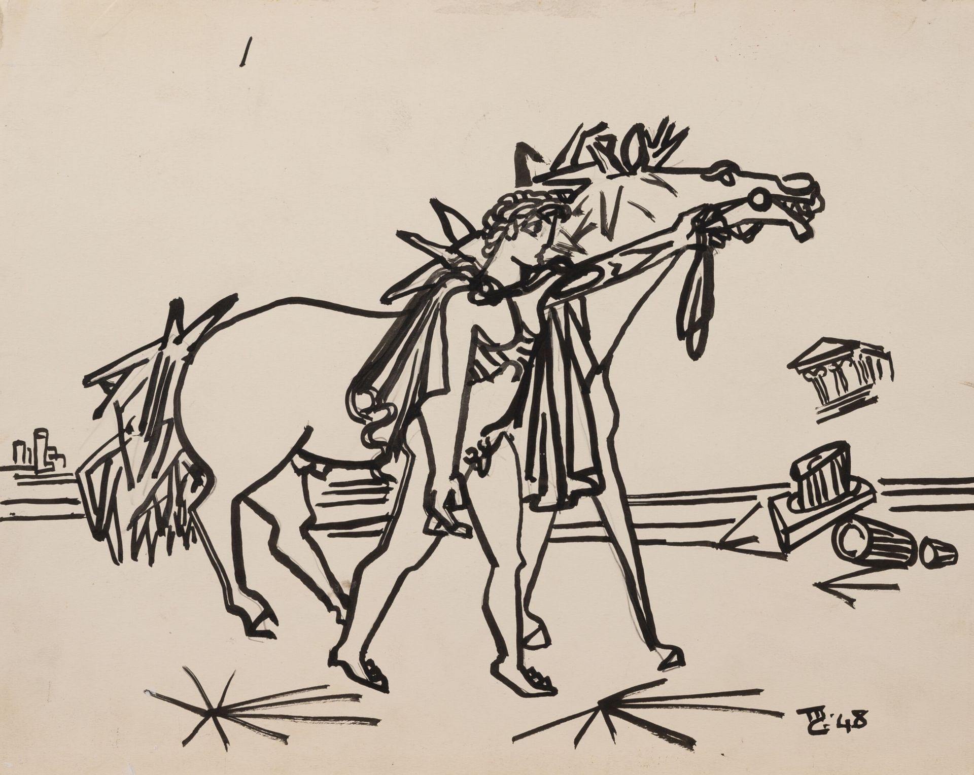 MICHEL CADORET (1912-1985) 骑士和Polynices, 1948/49.

纸上水粉和墨水。

两幅画右下方有签名和日期。

37 x&hellip;