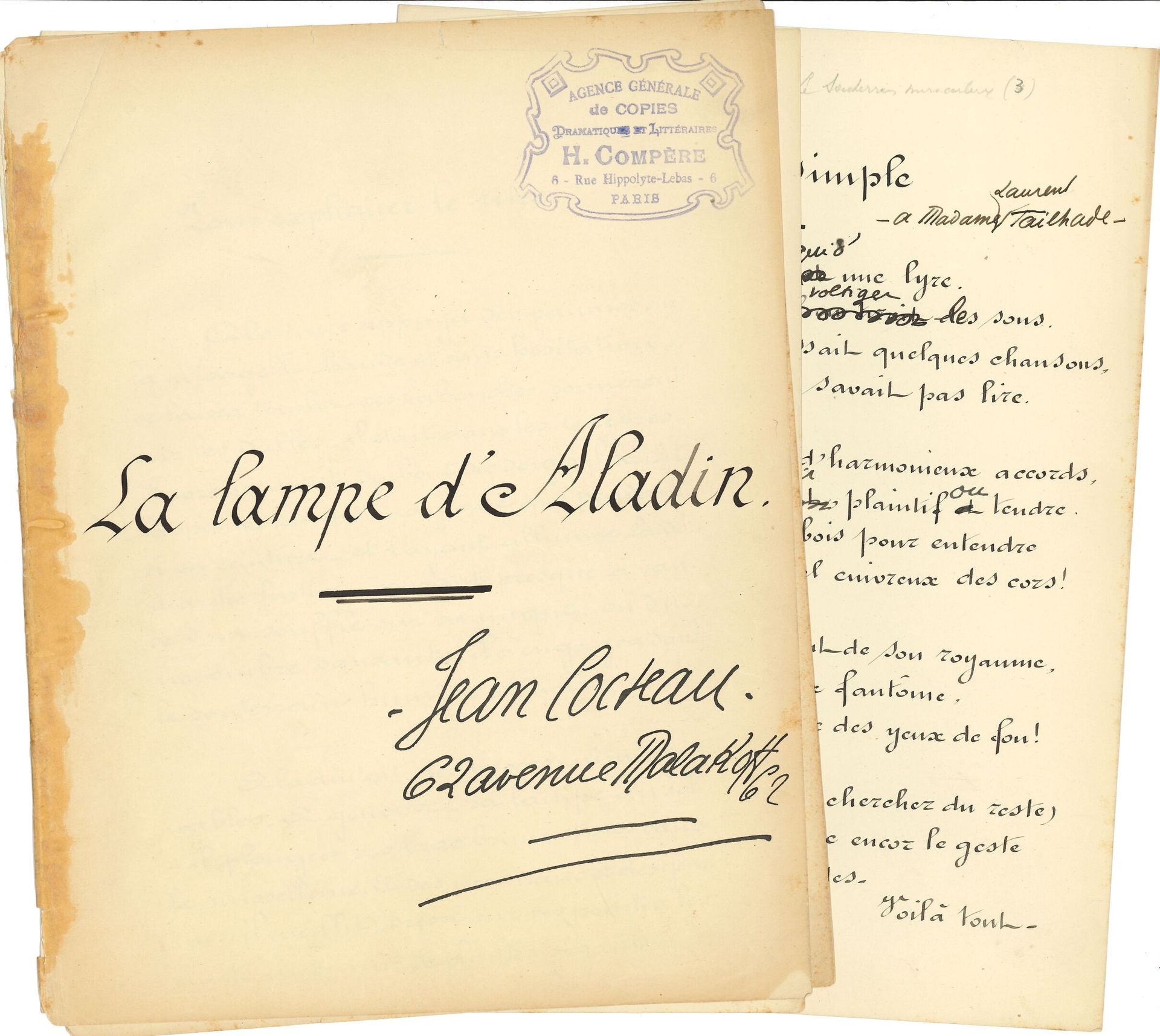 Null COCTEAU Jean (1889-1963).

MANOSCRITTO autografo firmato "Jean Cocteau", La&hellip;