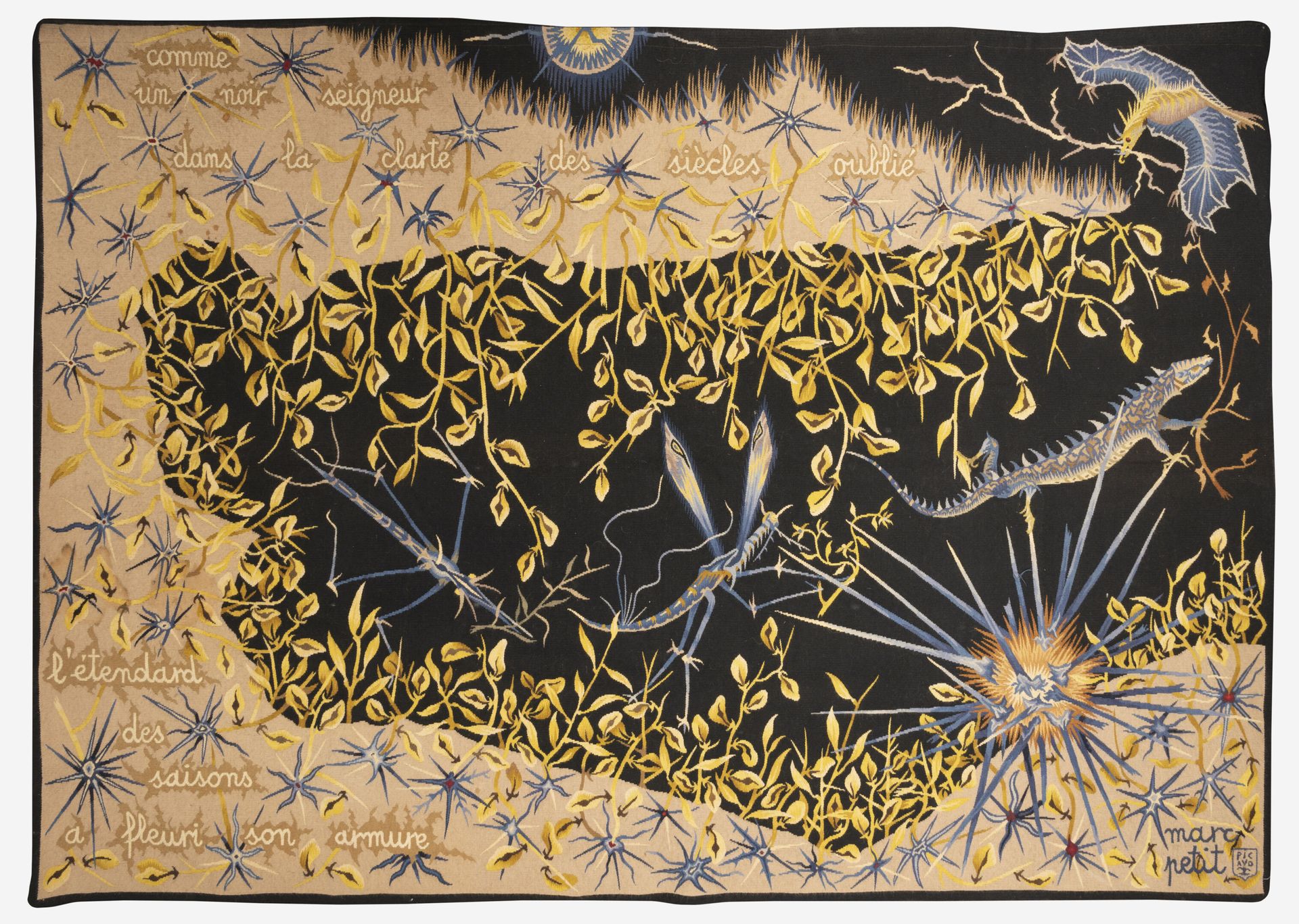Marc PETIT (1932) 季节。
多色羊毛挂毯。
右下方有艺术家和工作室的签名。
签名和标题在书页上。
奥布森的R.皮考德研讨会。
153 x 213&hellip;
