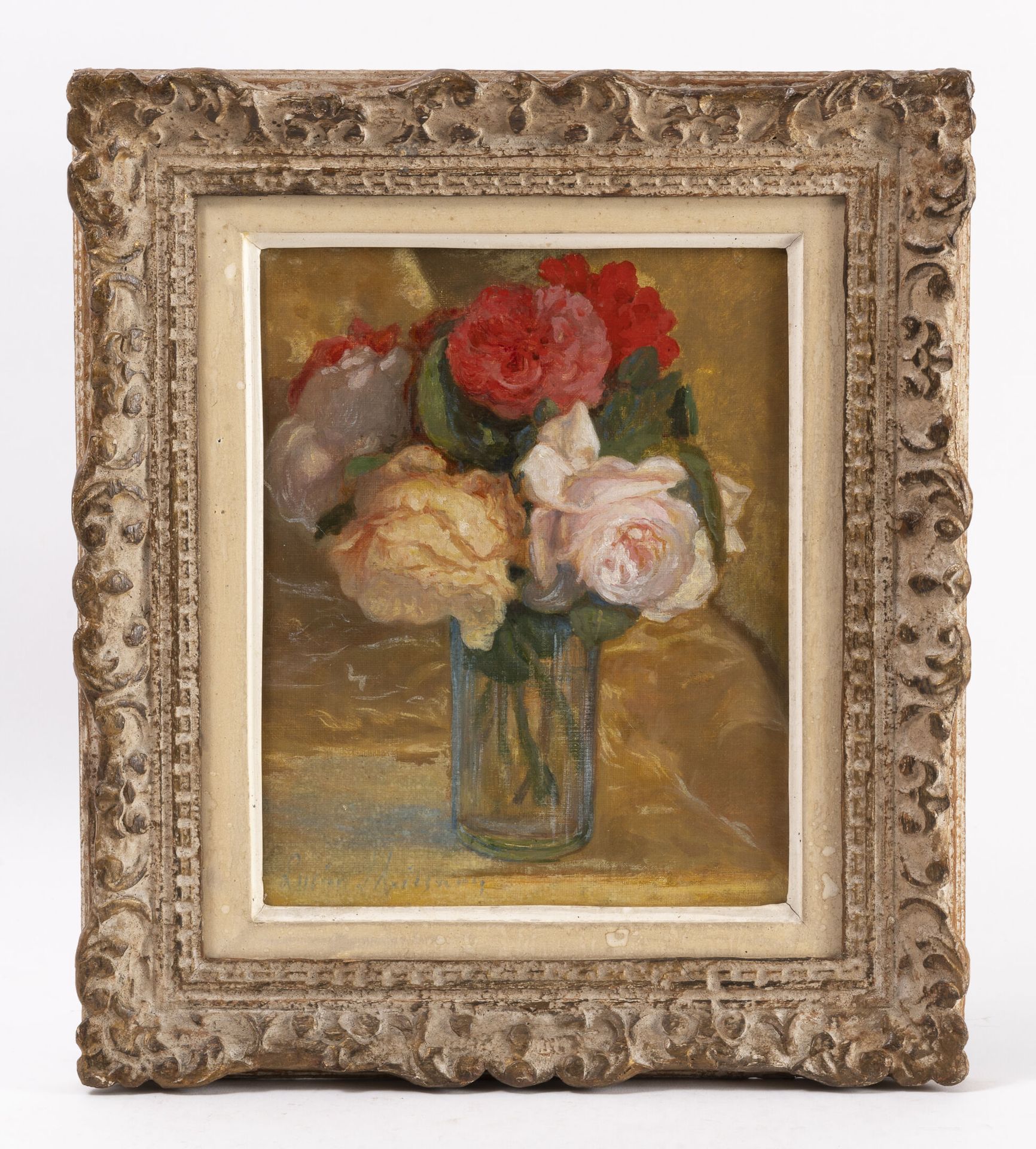 Lucien MIGNON (1865-1944) 有一束玫瑰花的静物。
布面油画。
左下方有签名。
27 x 22 cm。