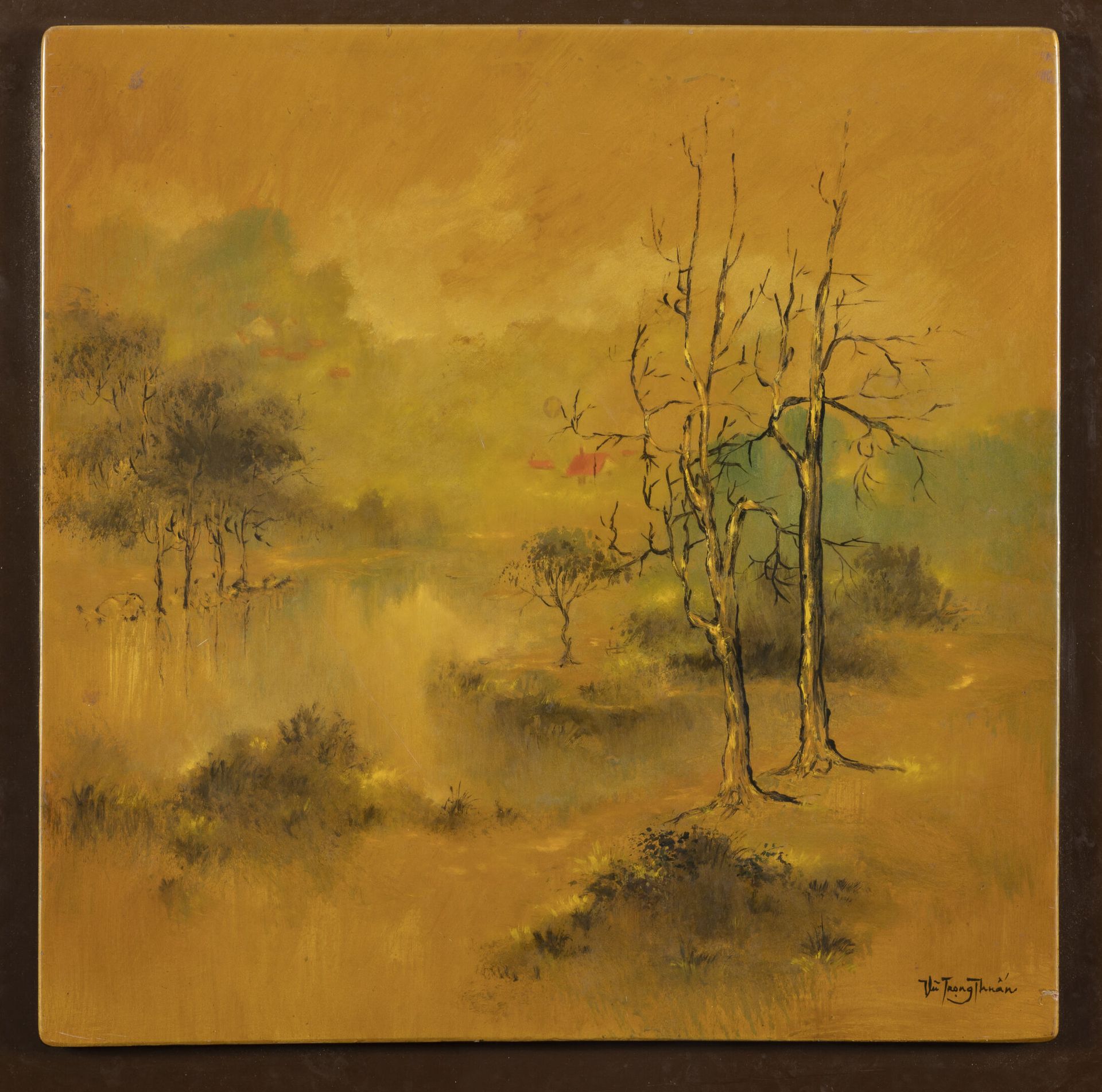 THUAN VU TRONG (1939) Paesaggio.
Pannello di legno laccato.
Firmato in basso a d&hellip;