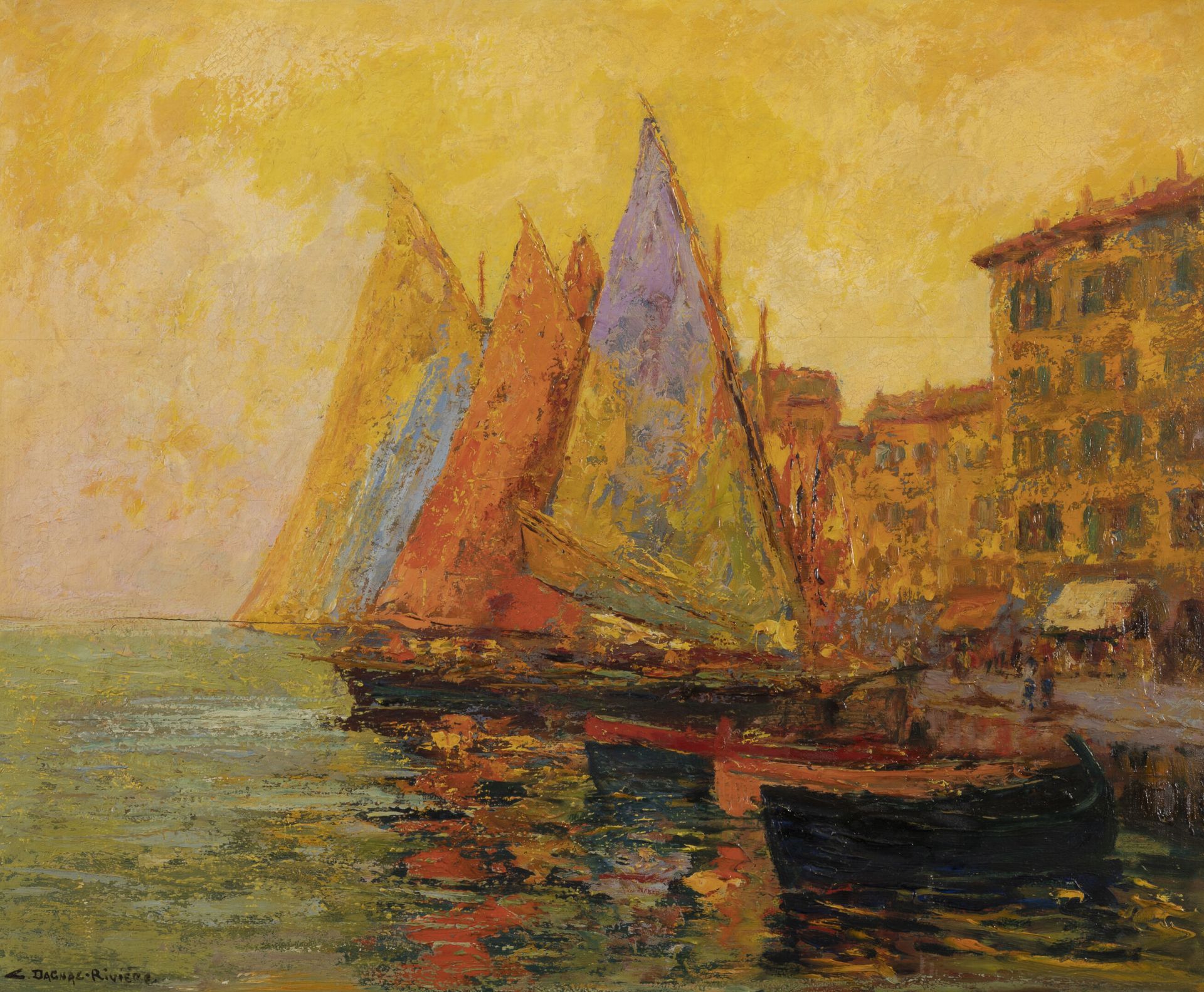 Charles DAGNAC-RIVIERE (1864-1945) 金色交响乐，戛纳。
板上油彩。 
左下方有签名。 
51 x 61厘米。
裂缝和轻微缺损。