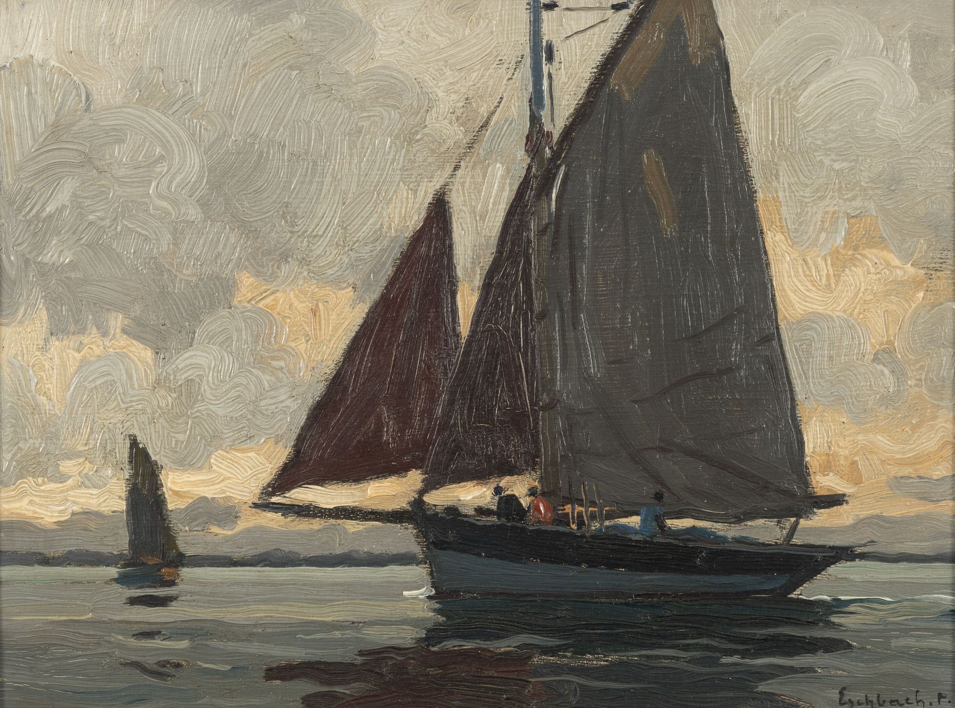 Paul André Jean ESCHBACH (1881-1961) Tuna boat at sunset.
Oil on panel. 
Signed &hellip;