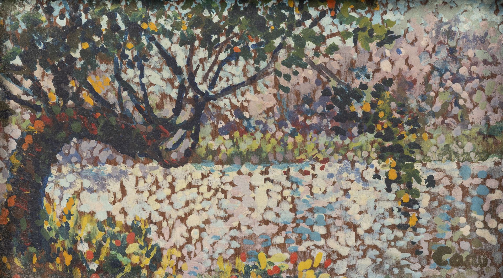 Yvonne CANU (1921-2008) 在水边的树。
板上油彩。
右下方有签名，背面有会签。
8 x 13厘米。