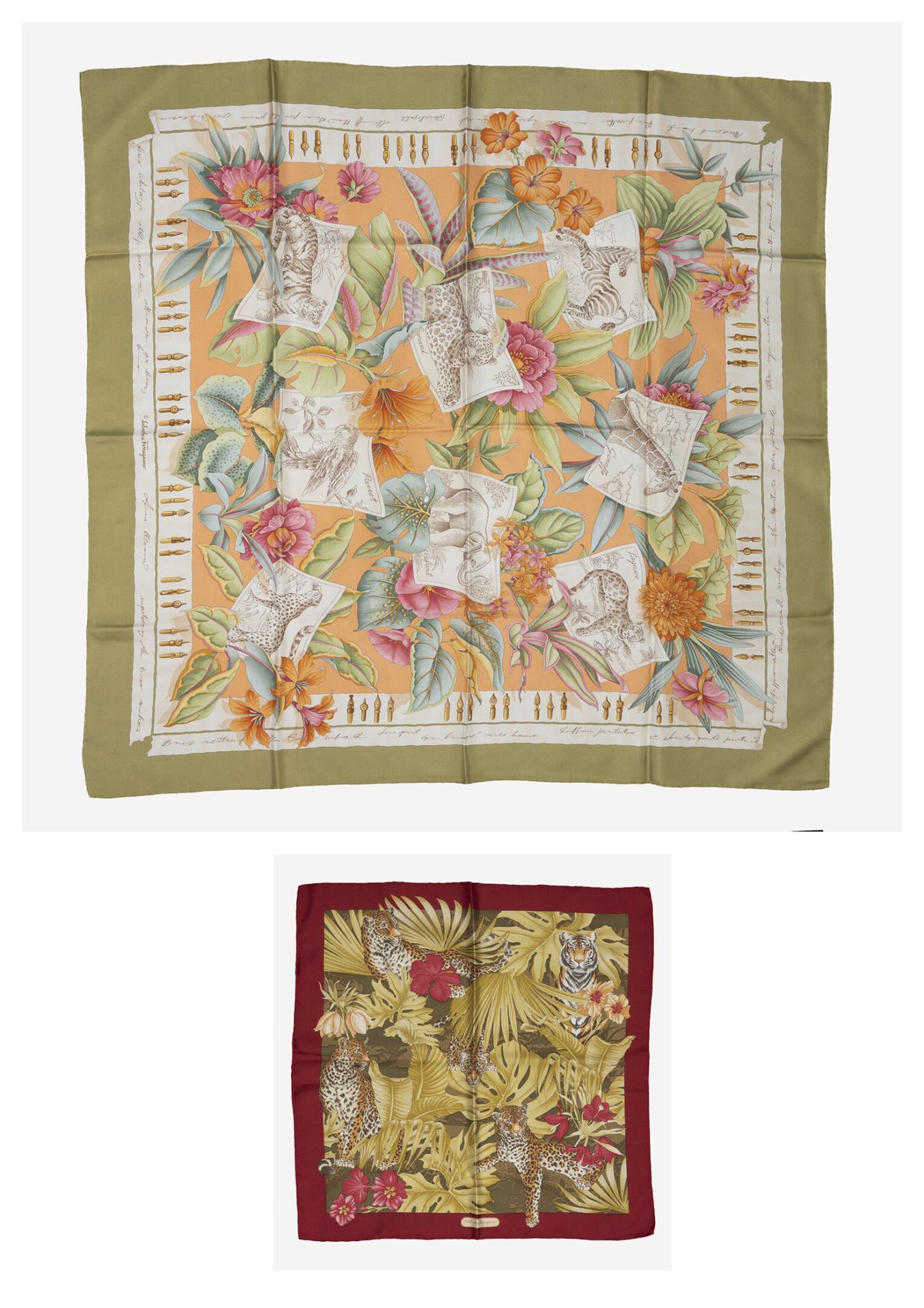 Salvatore FERRAGAMO Lot of squares:
- Printed silk square decorated with felines&hellip;