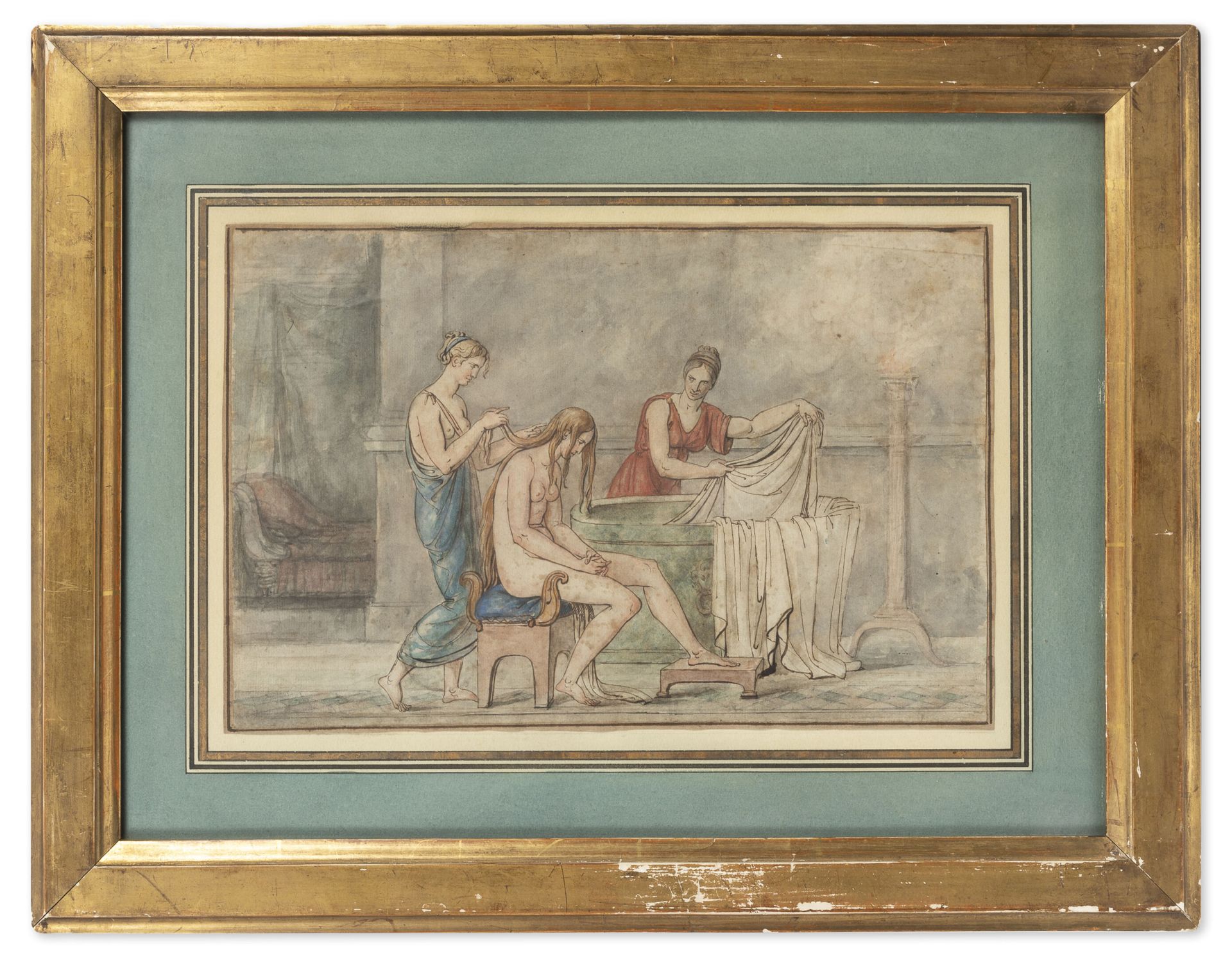 Ecole néoclassique du XIXème siècle La sortie du bain.
Plume, encre et aquarelle&hellip;