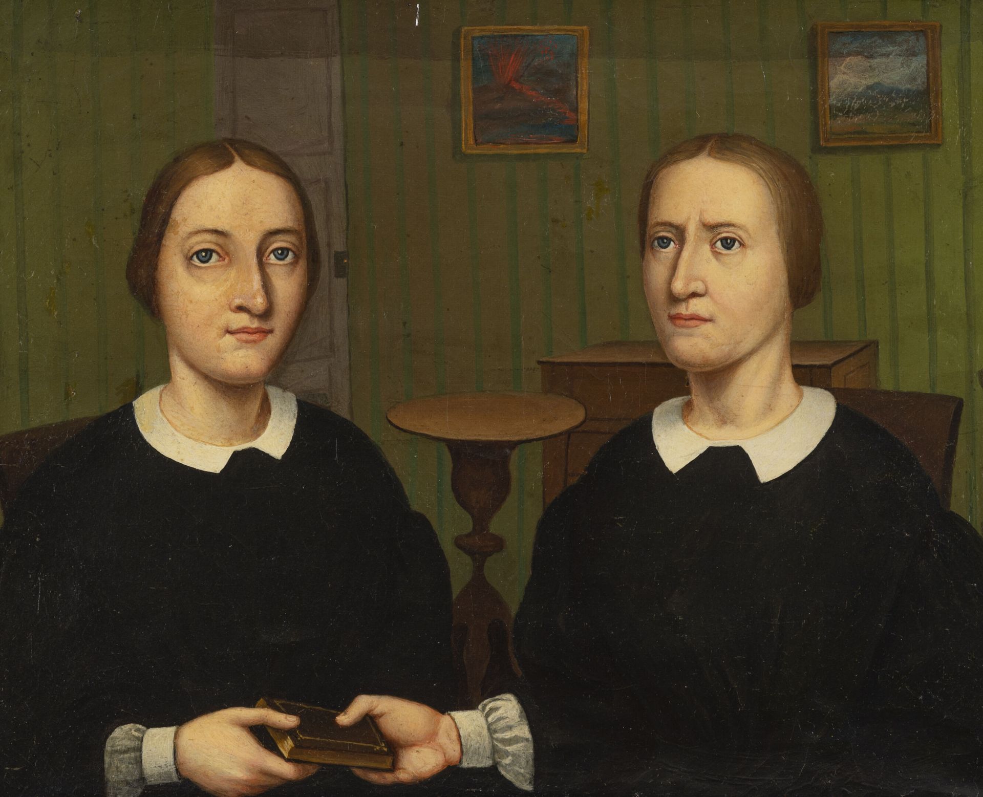 Ecole européenne 两姐妹的肖像，在室内拿着一本圣经。 
布面油画。 
33 x 40,5厘米。 
裂缝，背面有碎片的修复。 
着色的木质框架。