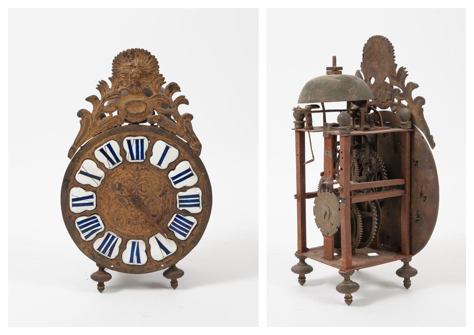 XVIIIème-XIXème siècles. Lantern clock with iron frame and brass wheels, resting&hellip;