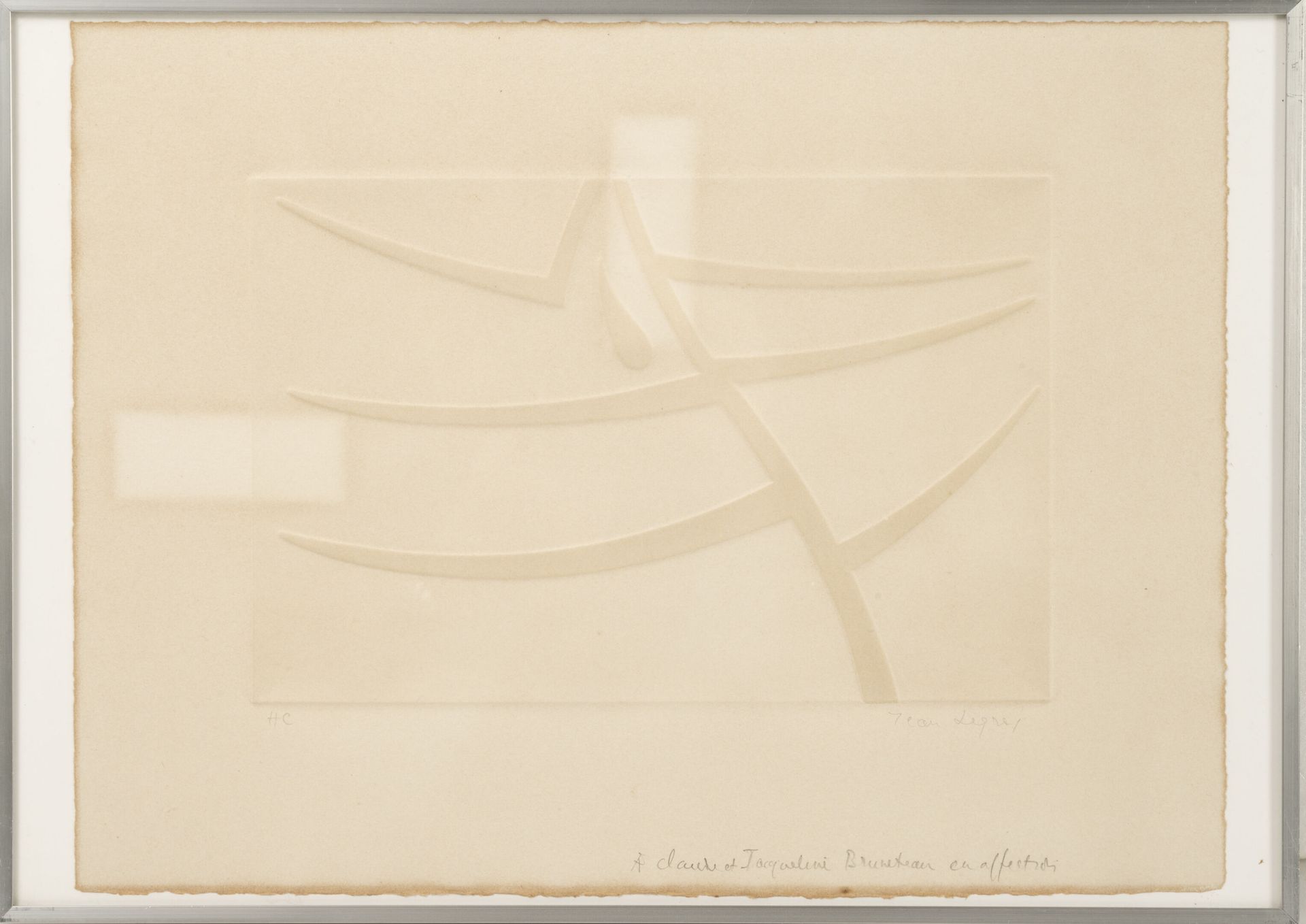 Jean LEGROS (1917-1981) 无题，浮雕。
在纸上打印，脱稿打印。
右下角有签名和题词。
28 x 37,5厘米。
显著的狐臭和污渍。
