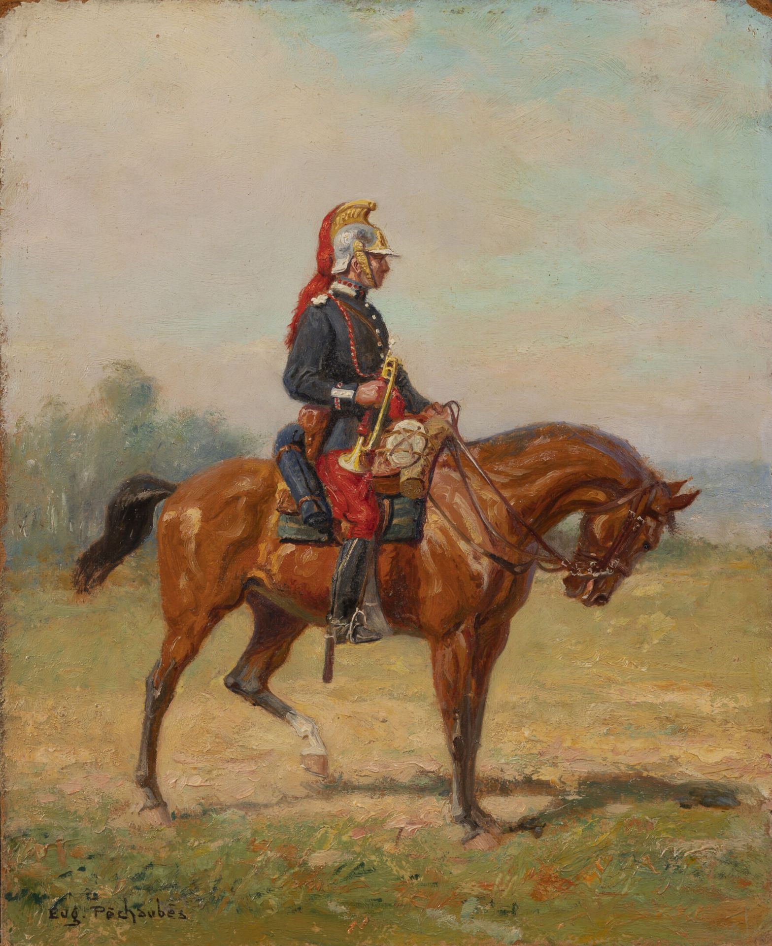 Eugène PÉCHAUBES (1890-1967) Drachentrompeter auf einem Pferd.
Öl auf Isorel-Pan&hellip;