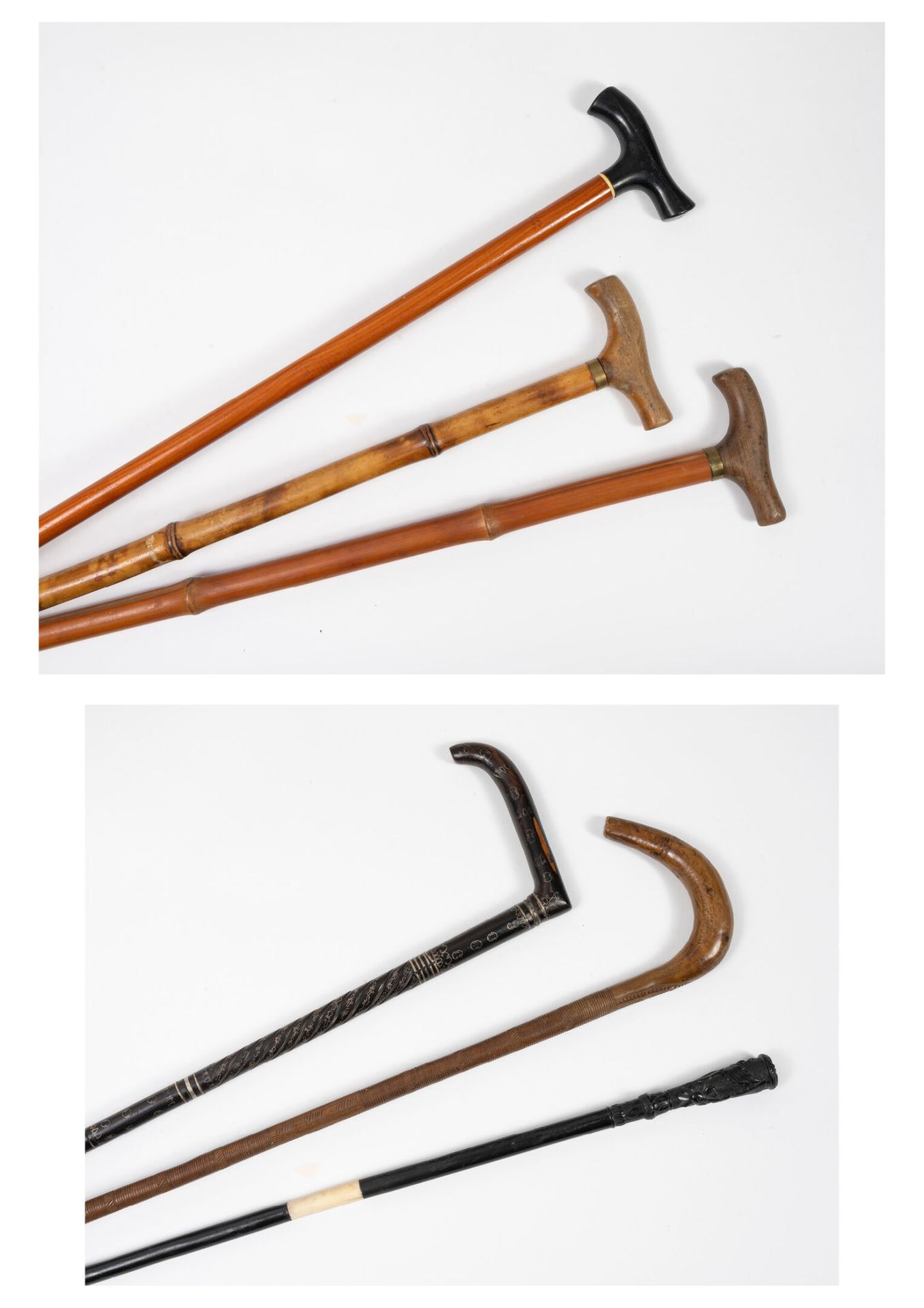 Null Lot of six canes in wood or bamboo or bone, plain or engraved.
Wear and scr&hellip;
