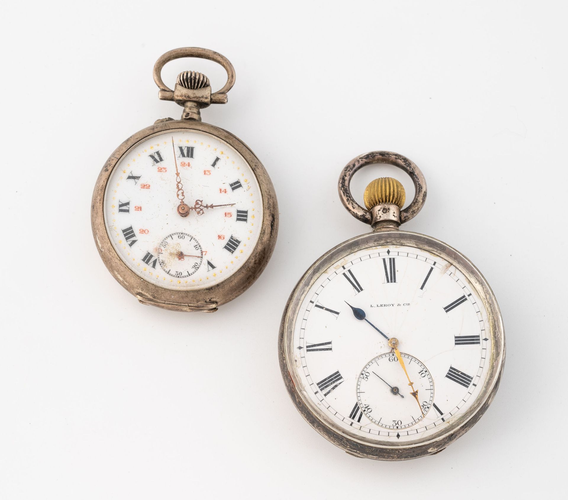 L. LEROY et Cie Silver pocket watch (800).
Plain back cover.
White enamel dial, &hellip;