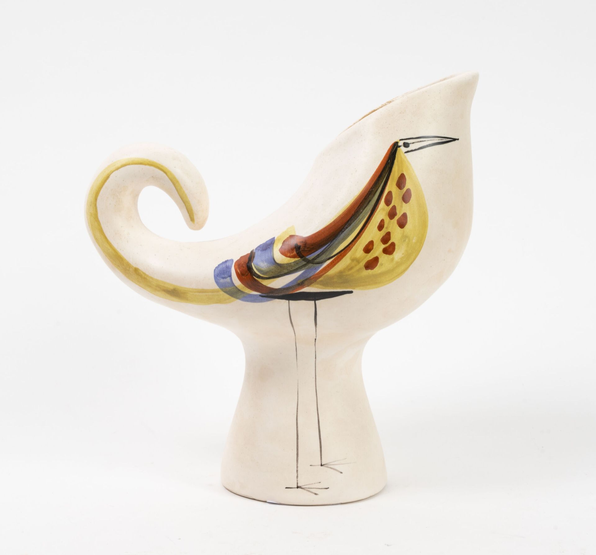 Roger CAPRON (1922-2006) Uccello.
Vaso zoomorfo.
Ceramica smaltata bianca con de&hellip;