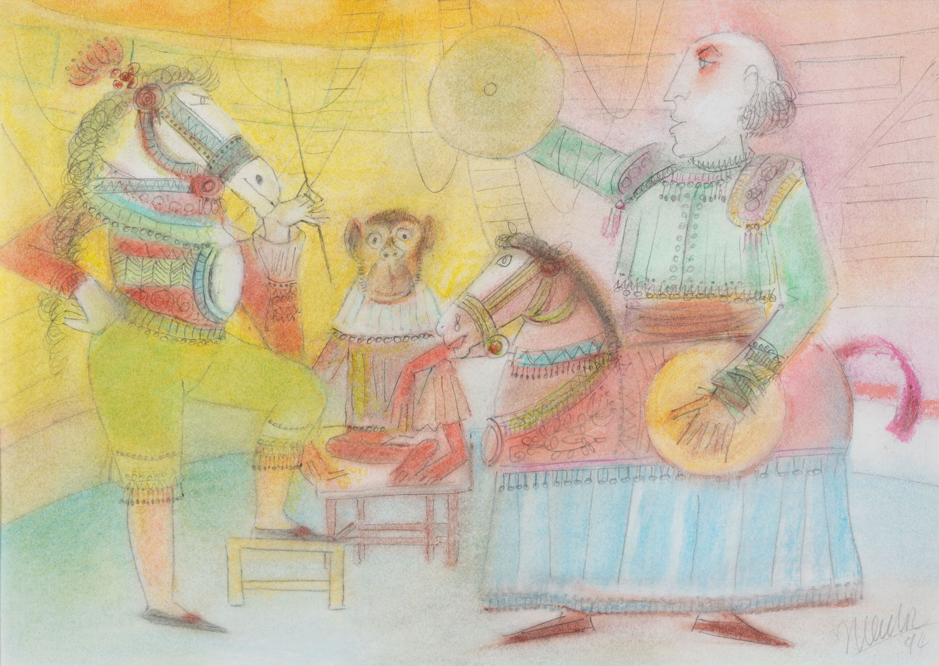Blasco MENTOR (1919-2003) 在马戏团，1994年。
纸上彩色铅笔。
右下方有签名和日期。 
29 x 41厘米（展出中）。