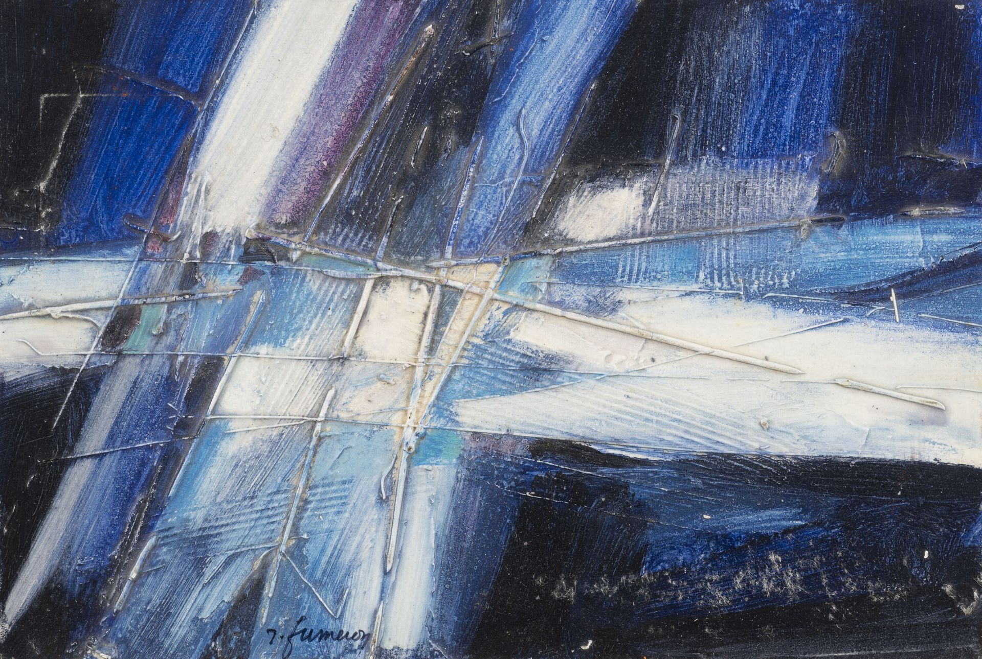 René FUMERON (1921-2004) - 无题。
纸板上的油画。
中下部有签名。
17 x 25厘米。
擦伤和磨损。
- 无题。
纸板上的油画，粘贴&hellip;