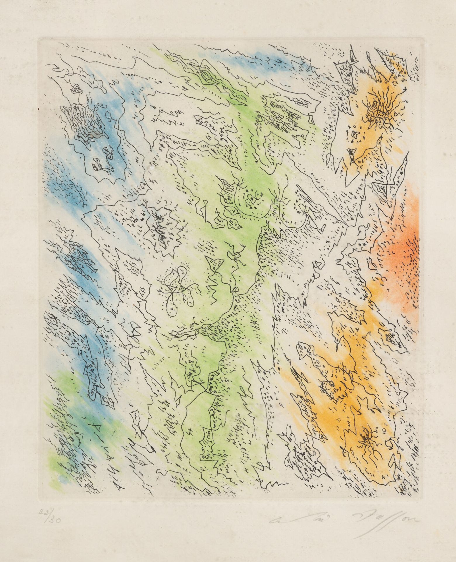 André MASSON (1896-1987) 泰坦尼亚，1960年。
纸上蚀刻画。
右下方有签名，左下方有编号22/30。
38 x 28厘米。
有污点。
