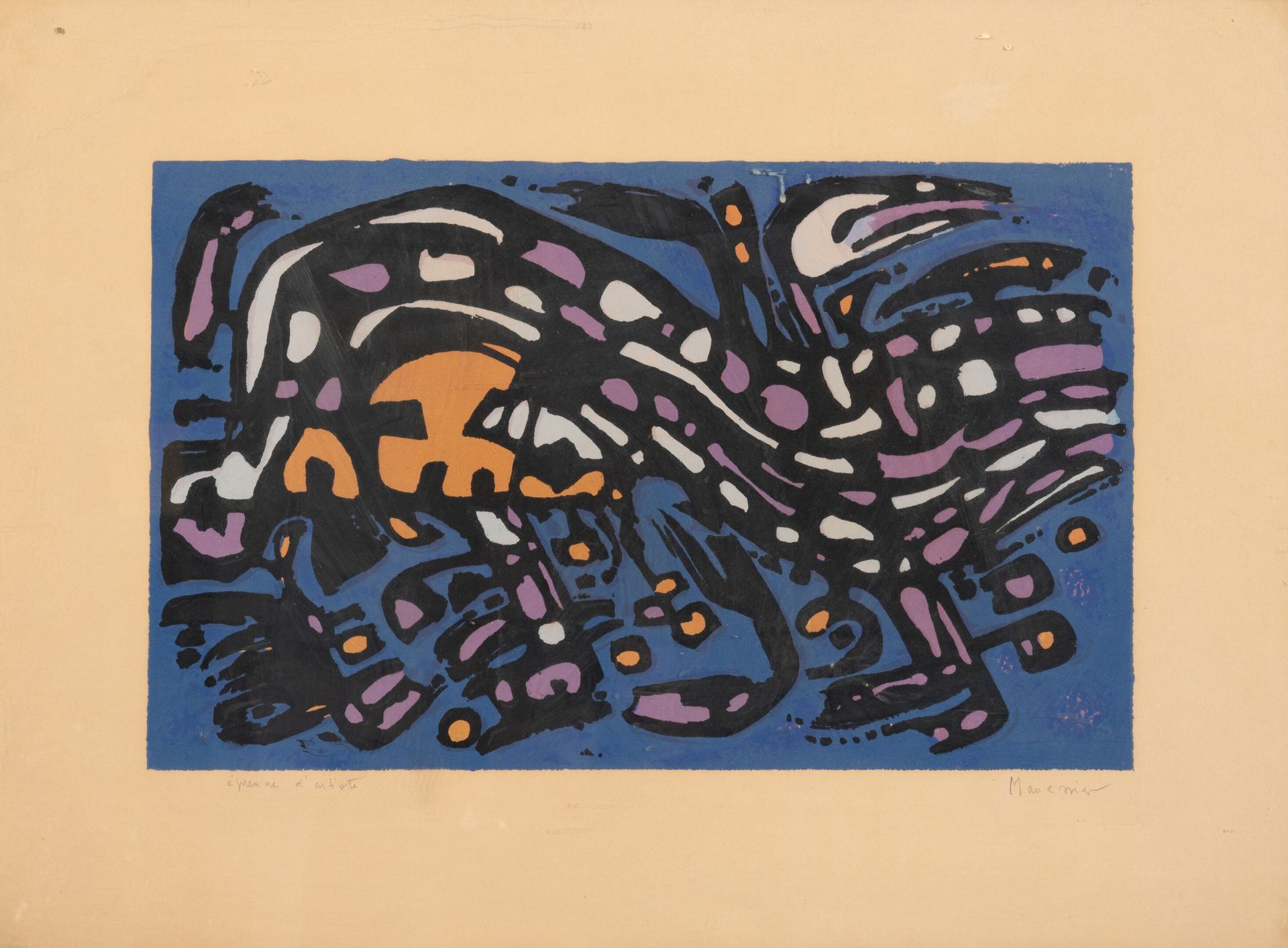 D'après Alfred MANESSIER (1911-1993) 夜晚，1957年。
纸上彩色平版画。
艺术家的证明。
右下方有签名。
47 x 64.&hellip;