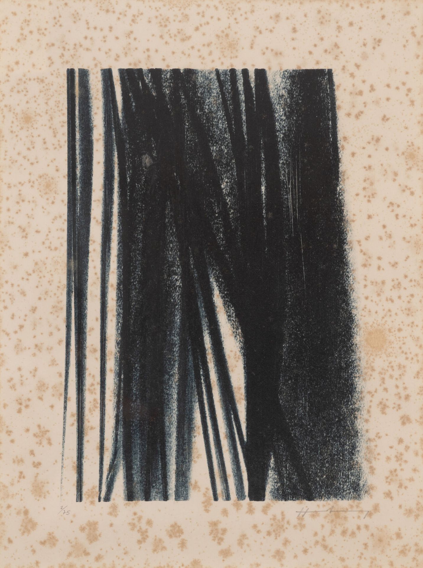 Hans HARTUNG (1904-1989) 无题。
纸上石版画。
右下方有签名，左下方有编号2/75。
47,5 x 35,5厘米（展出）。
雀斑和重要污&hellip;
