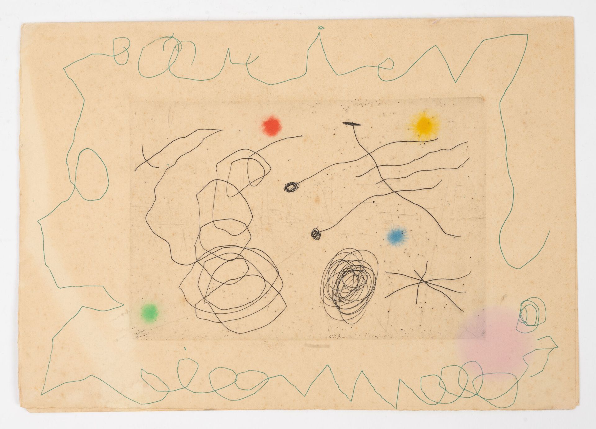 Joan MIRÓ (1893-1983) 猫头鹰和蜗牛。 
1964年给A.Maeght的贺卡。 
牛皮纸上的彩色蚀刻和水印，满纸。有些发黄，有零星的狐疑和一&hellip;