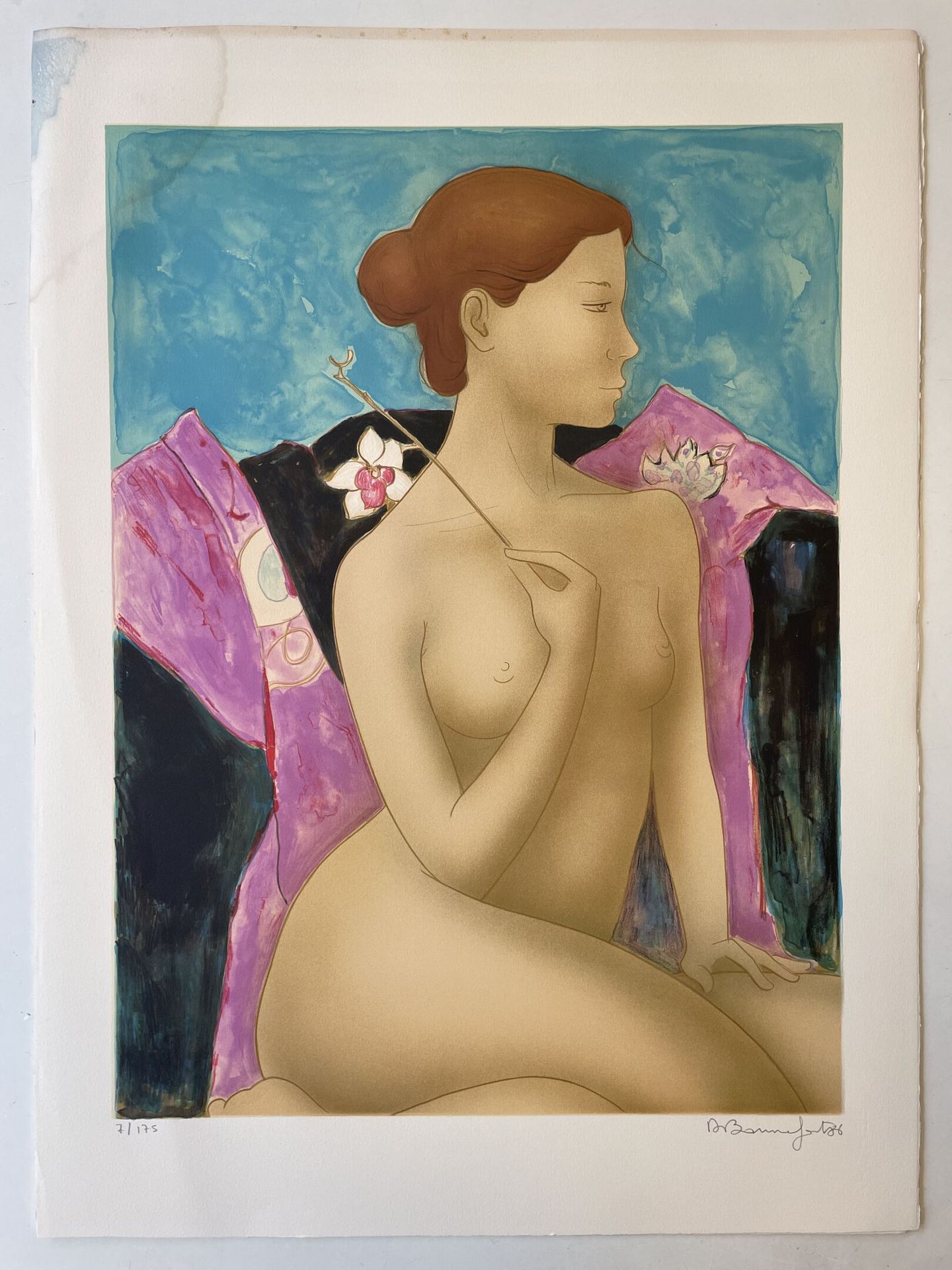 Alain BONNEFOIT (1937) 带着兰花的女人，1986年。
一套5张彩色平版画纸。
有签名、编号和日期。
73 x 60厘米。
有污点和褶皱。