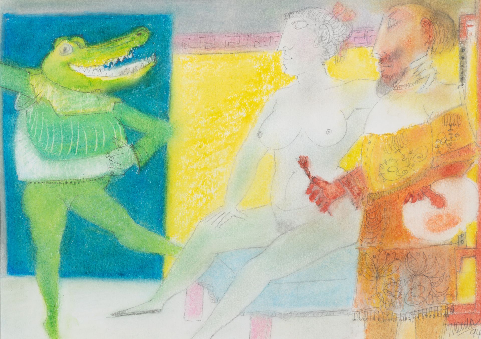 Blasco MENTOR (1919-2003) 画家和他的模特，1994年。
纸上彩色铅笔。
右下方有签名和日期。
29 x 41厘米（展出）。