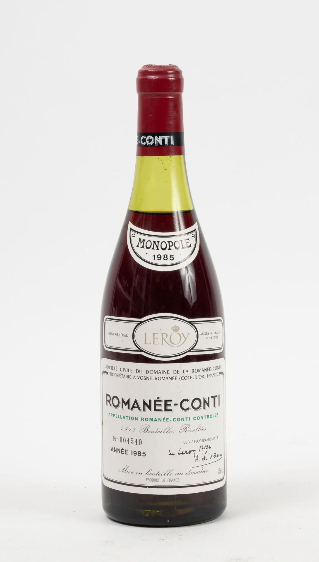 ROMANEE-CONTI 1 bouteille, 1985.
Domaine de la Romanée-Conti.
Numérotée 004540.
&hellip;