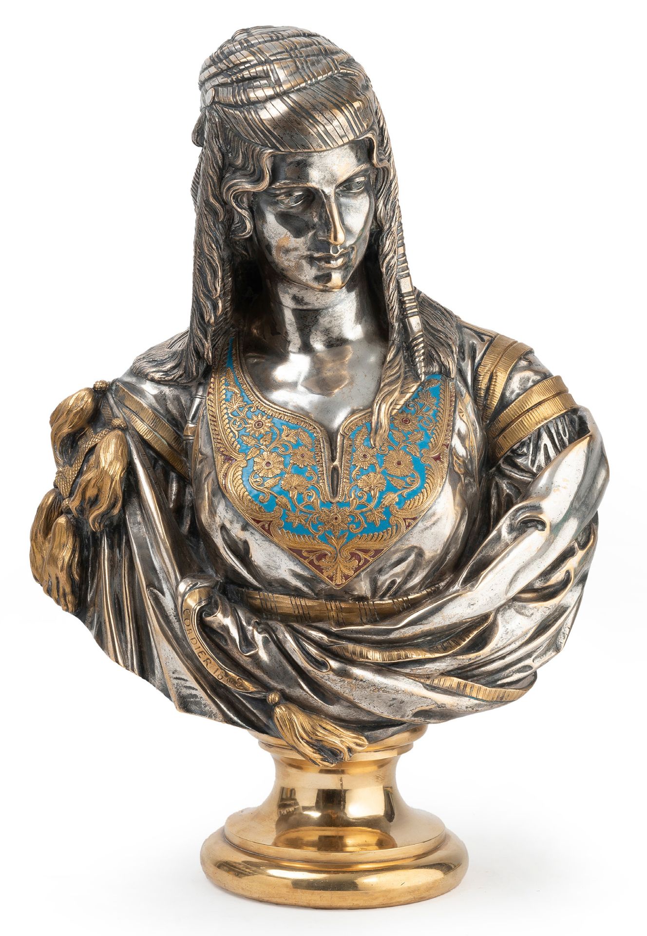 Charles CORDIER (1827-1905) 阿尔及尔的犹太女人》，1862 年。
镀银、镀金和珐琅青铜底座。
衣帽辫上有签名和日期。
46 x 34&hellip;