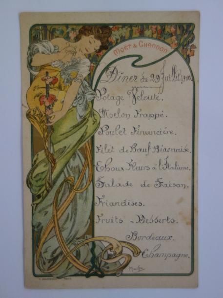 Alfons MUCHA (1860-1939) pour MOËT & CHANDON 

Carte de menu.

Ecrite.

14 x 9 c&hellip;