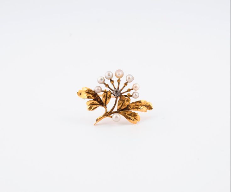 Null Broche en or jaune (750) figurant une branche avec feuillage et fleur, cent&hellip;