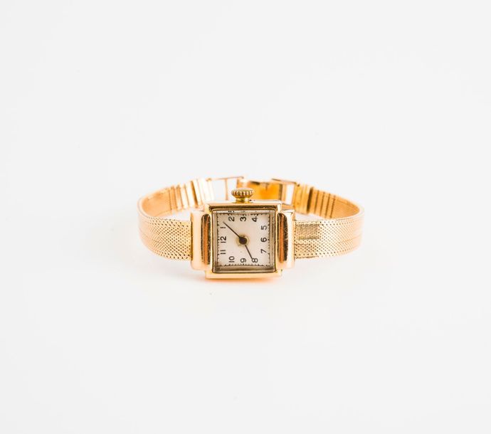 Null Montre bracelet de dame en or jaune (750).

Boîtier carré. 

Cadran à fond &hellip;