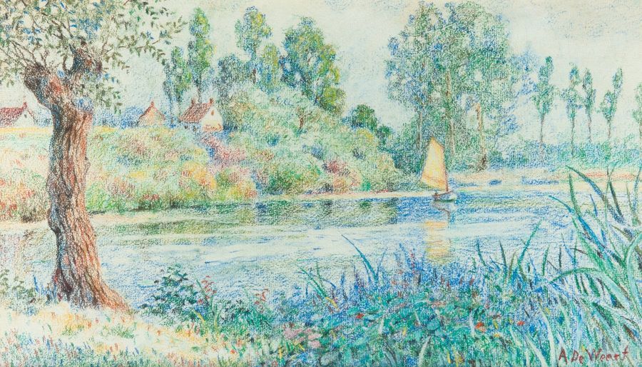 Anna De Weert (1867-1950) Barque sur la Lys.
Crayons de couleur sur papier.
Sign&hellip;