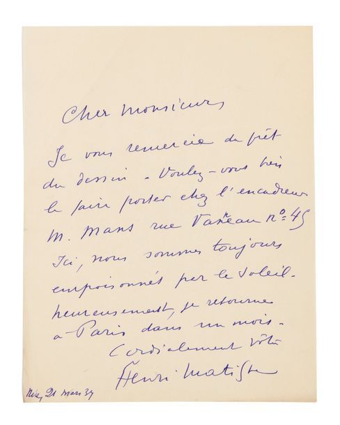 Henri MATISSE (1869-1954) Lettre autographe signée et datée du 21 mars 1937.
1 p&hellip;