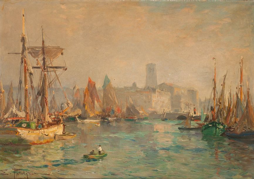 Edmond Marie PETITJEAN (1844-1925) Voiliers au port, circa 1910.
Huile sur toile&hellip;