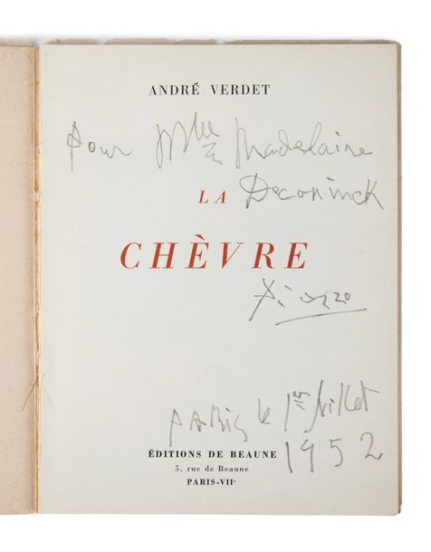[PABLO PICASSO] VERDET, André La chèvre.
Paris, Editions de Beaune, 1952.
Plaque&hellip;
