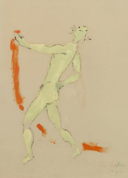 Jean COCTEAU (1889-1963) Baigneur, 1954.
Gouache sur papier marouflé sur carton.&hellip;