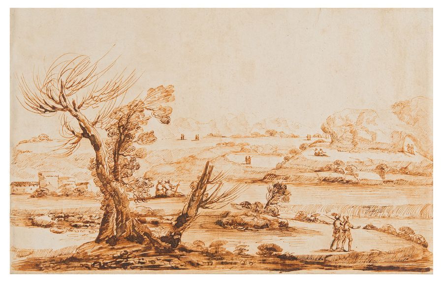 École BOLONAISE du XVIIIe siècle 
Paysage fluvial au bouquet d'arbre avec promen&hellip;
