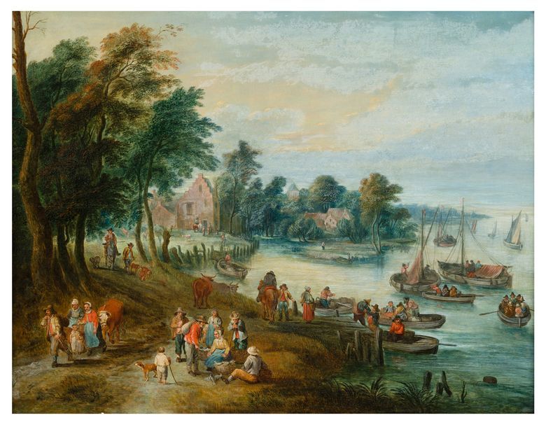 Théobald MICHAU (Attribué à) 
Tournai 1676 - Anvers 1765
Paysage fluvial avec ma&hellip;