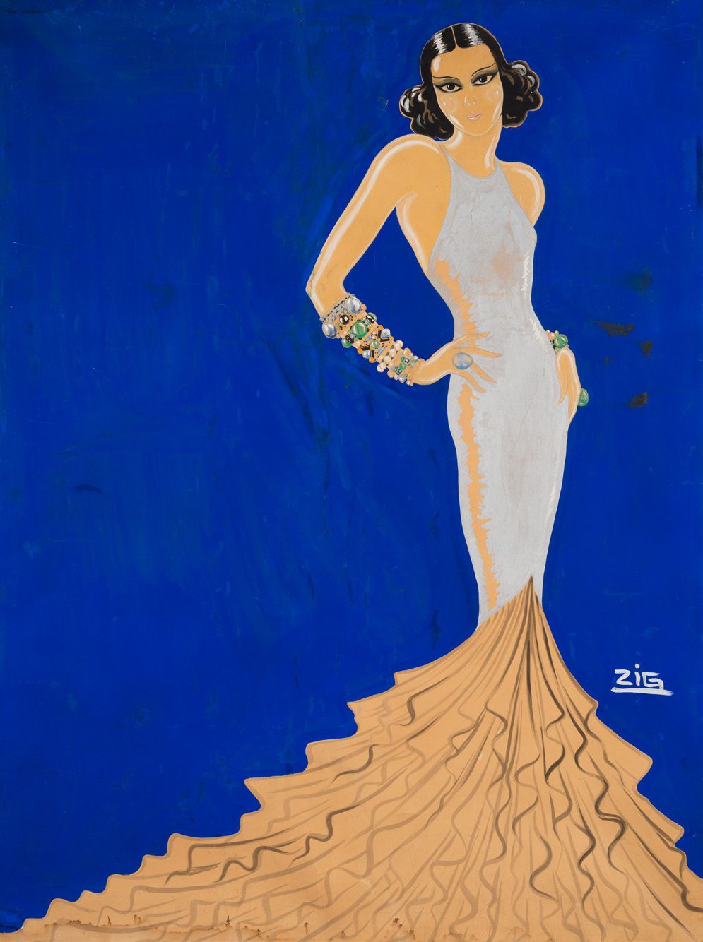 Louis GAUDIN dit ZIG (1882 - 1936) 
• La robe longue
Gouache sur papier marouflé&hellip;