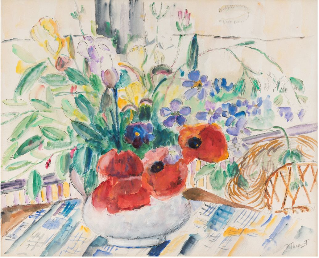 Pierre THEVENET (1870 - 1937) 
Vase de fleurs sur la nappe
Encre et aquarelle, s&hellip;
