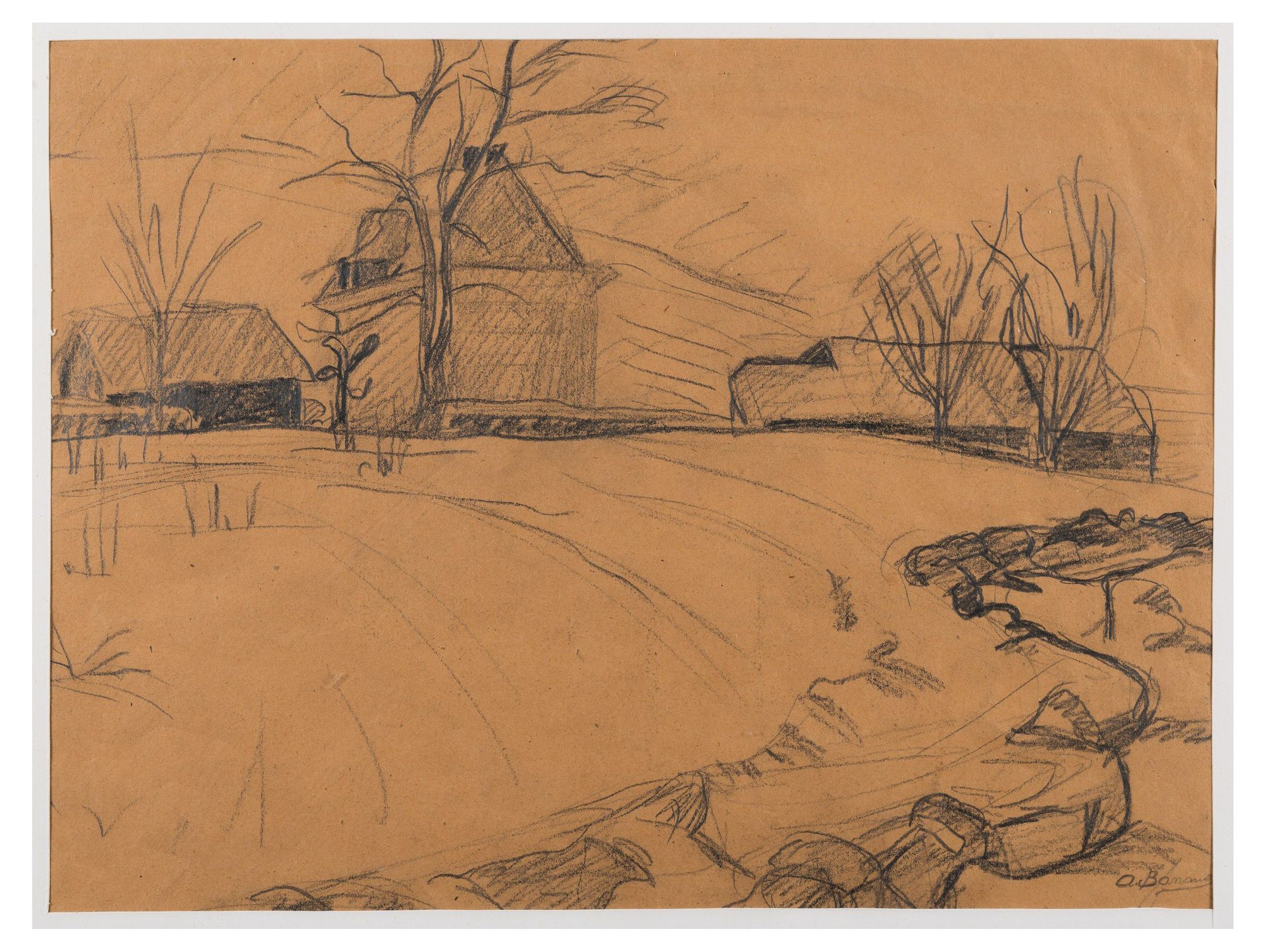 Null Two drawings: winter landscape, signed lower right and animated landscape.