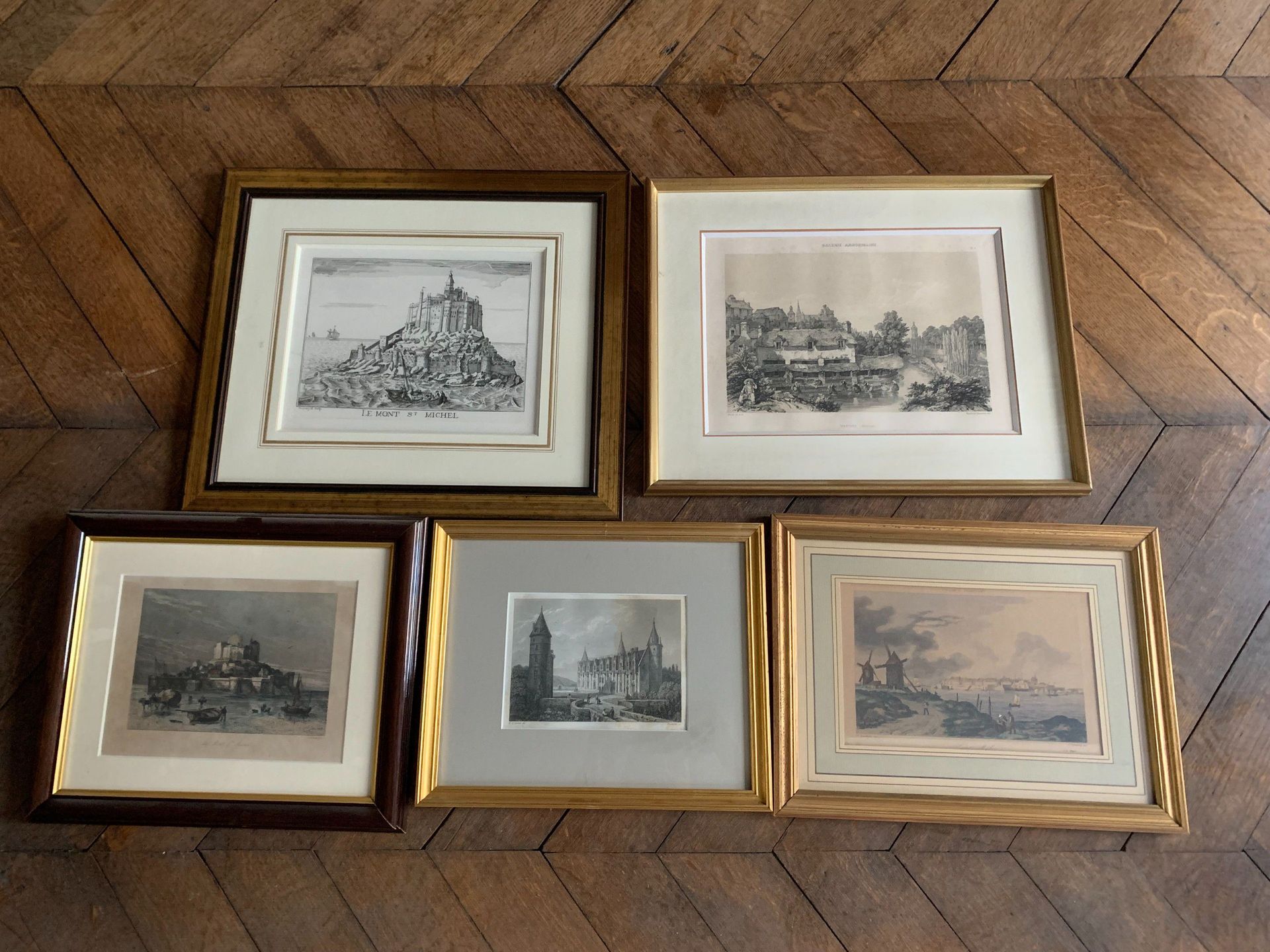 Null Lot including five framed prints: Mont Saint Michel, Vannes, Saint Malo, Jo&hellip;
