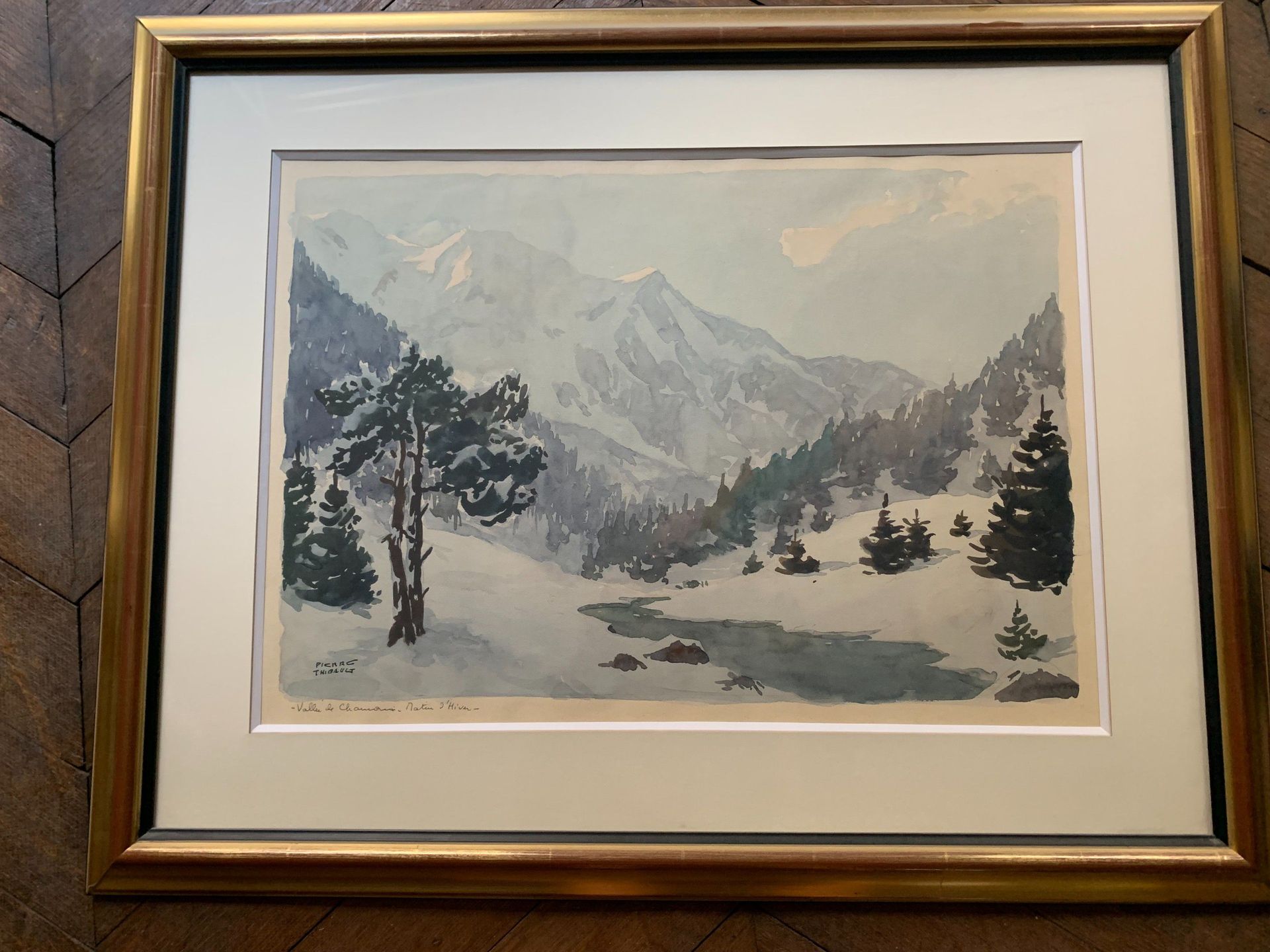 Null Pierre THIBAULT. Valley of Chamonix-Winter morning. Watercolor signed and l&hellip;