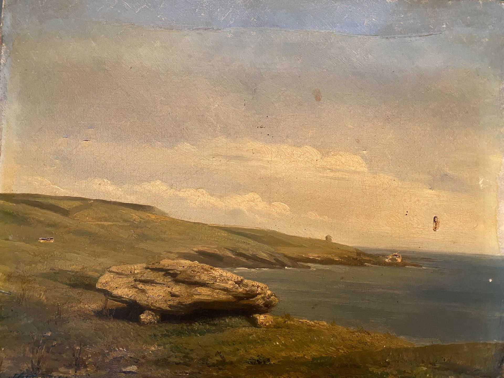 Null 海边。布面油画。左下角有一个天书签名：朱尔斯-诺埃尔。(事故）。32,5 x 40,5厘米。