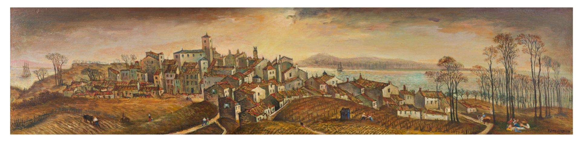 Null 让-拉菲-勒-佩尔桑 (1920 - 2008)

法国南部一个村庄的全景图

板面油画，右下角有签名

28 x 120 cm