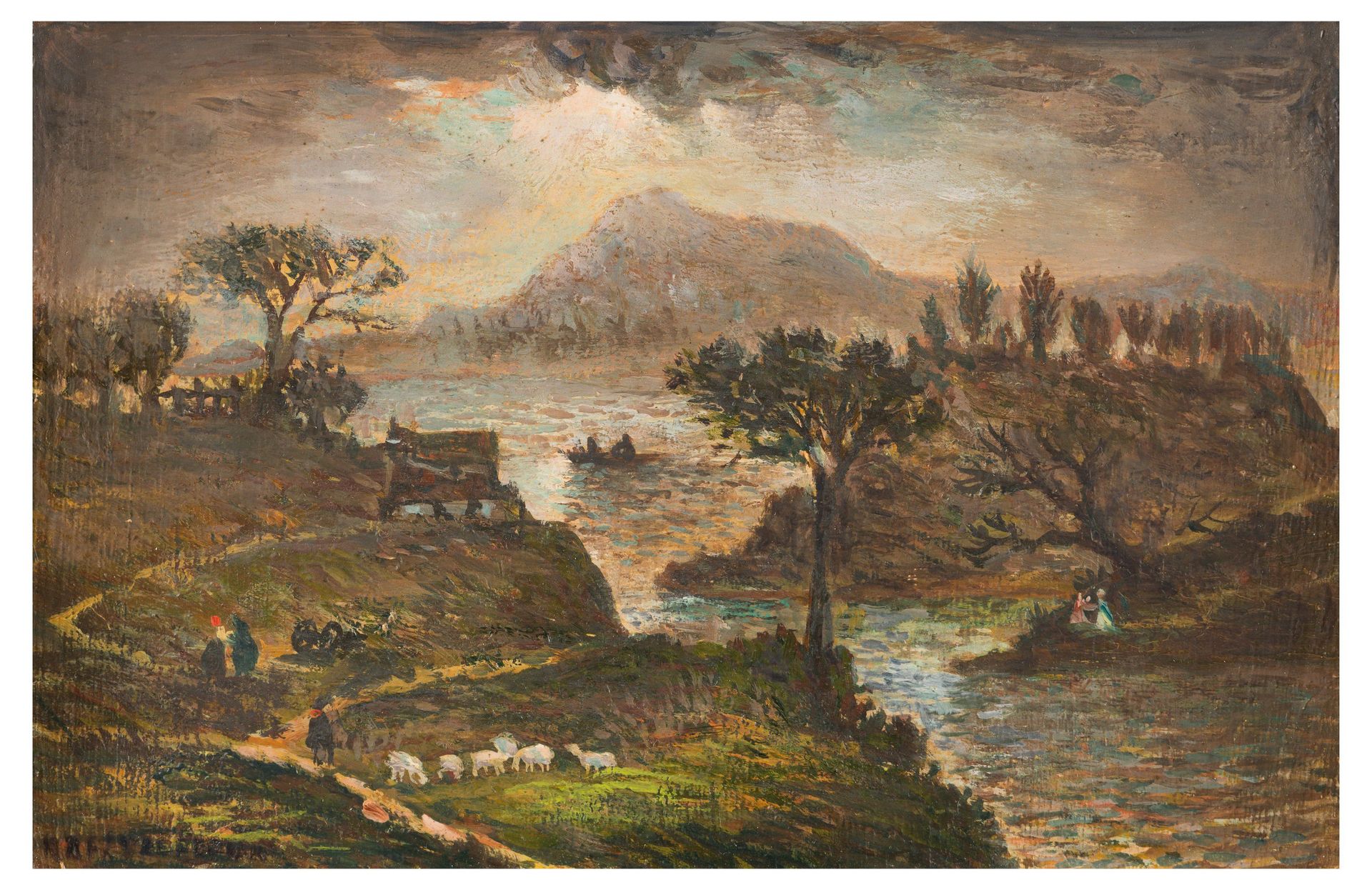 Null 让-拉菲-勒-佩尔桑 (1920 - 2008)

湖边的牧羊人

板面油画，左下角有签名

14 x 22 cm