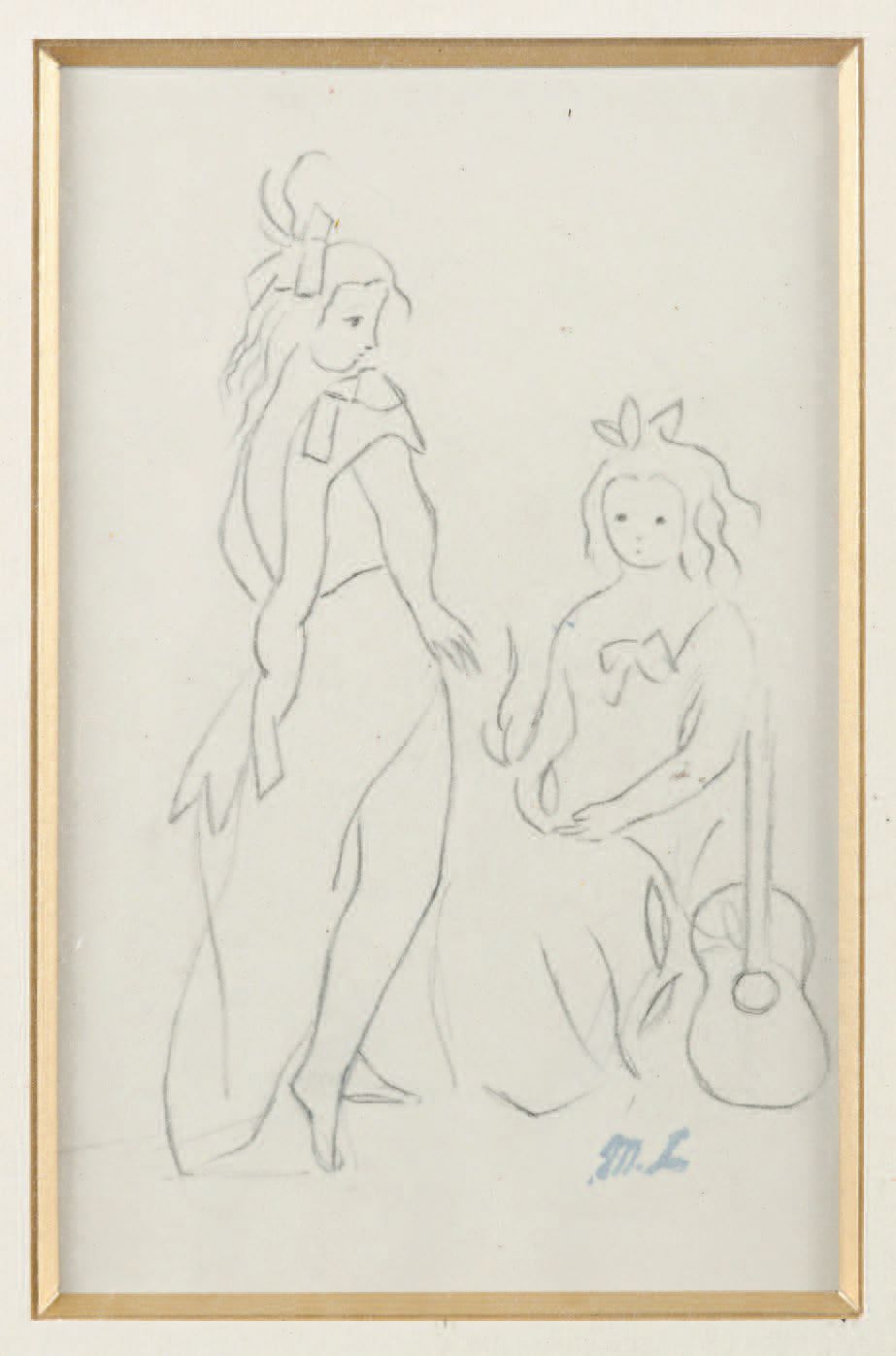 Marie LAURENCIN (1883-1946) 两个年轻女孩拿着一把吉他。
黑色铅笔画，右下角有Moreau-
Laurencin拍卖会的印章。
20 &hellip;